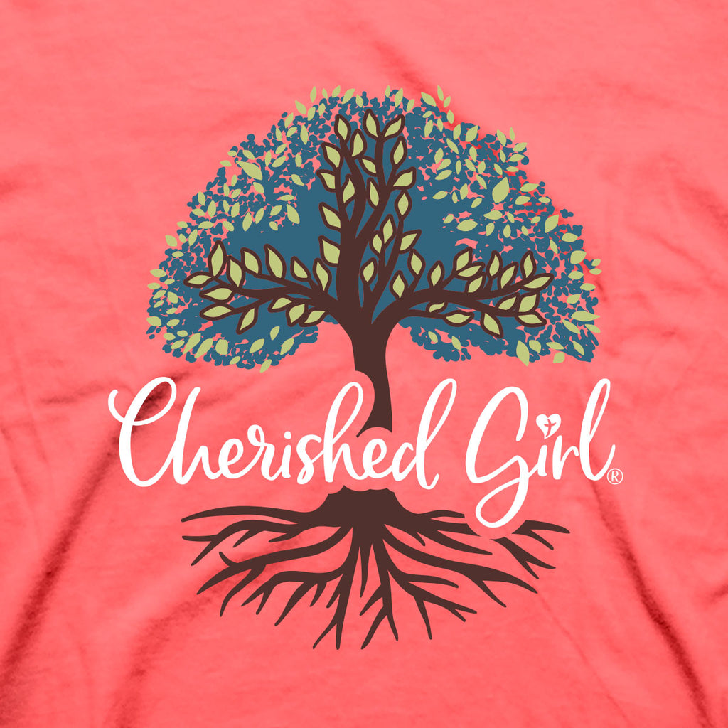 Cherished Girl Womens T Shirt Rooted In Christ Front Closeup