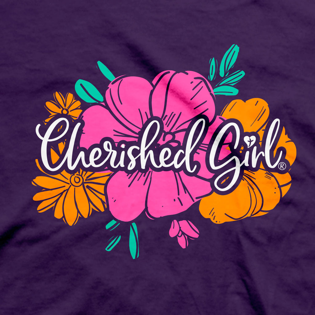 Cherished Girl Womens T Shirt Floral Cross Front Closeup